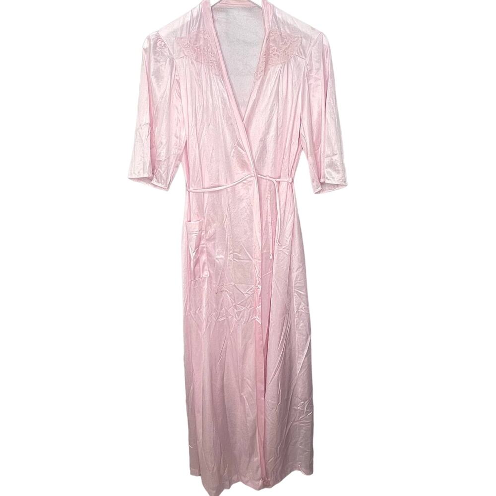 Vintage Nancy King Silky Long Robe Pink Size M Lace Peignoir Lingerie Belt Tie